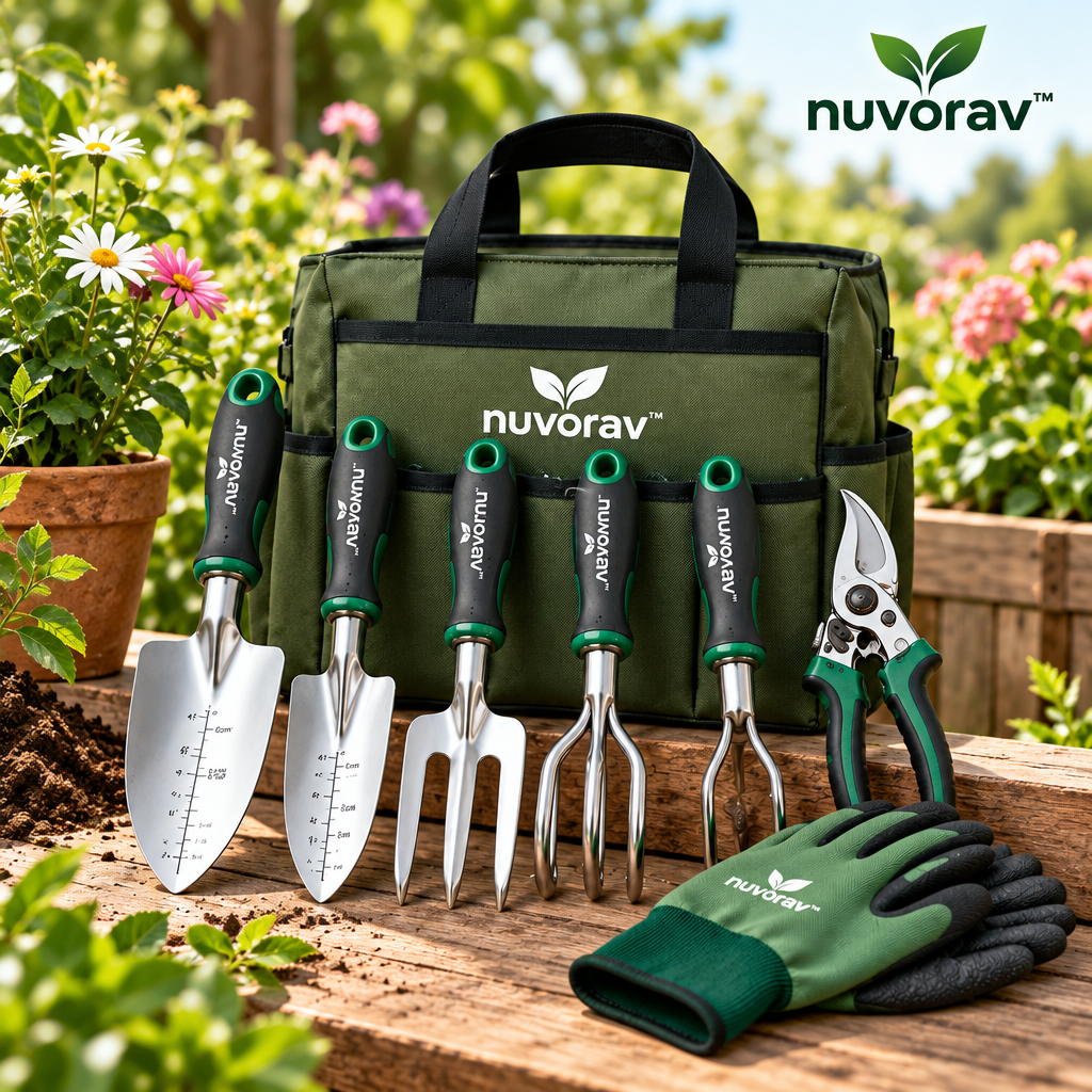 Nuvorav™ Garden Tool Set with Storage Bag, Garden Gloves & Pruning Shears, Stainless Steel Gardening Hand Tools for Digging, Planting, Soil Loosening and Pruning