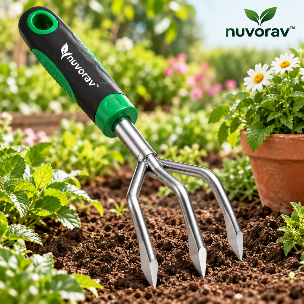 Nuvorav™ 3-Tine Garden Hand Rake with Stainless Steel Claws & Ergonomic Comfort Grip for Soil Loosening, Weeding & Cultivating