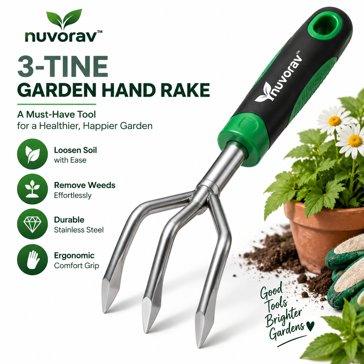 Nuvorav™ 3-Tine Garden Hand Rake with Stainless Steel Claws & Ergonomic Comfort Grip for Soil Loosening, Weeding & Cultivating