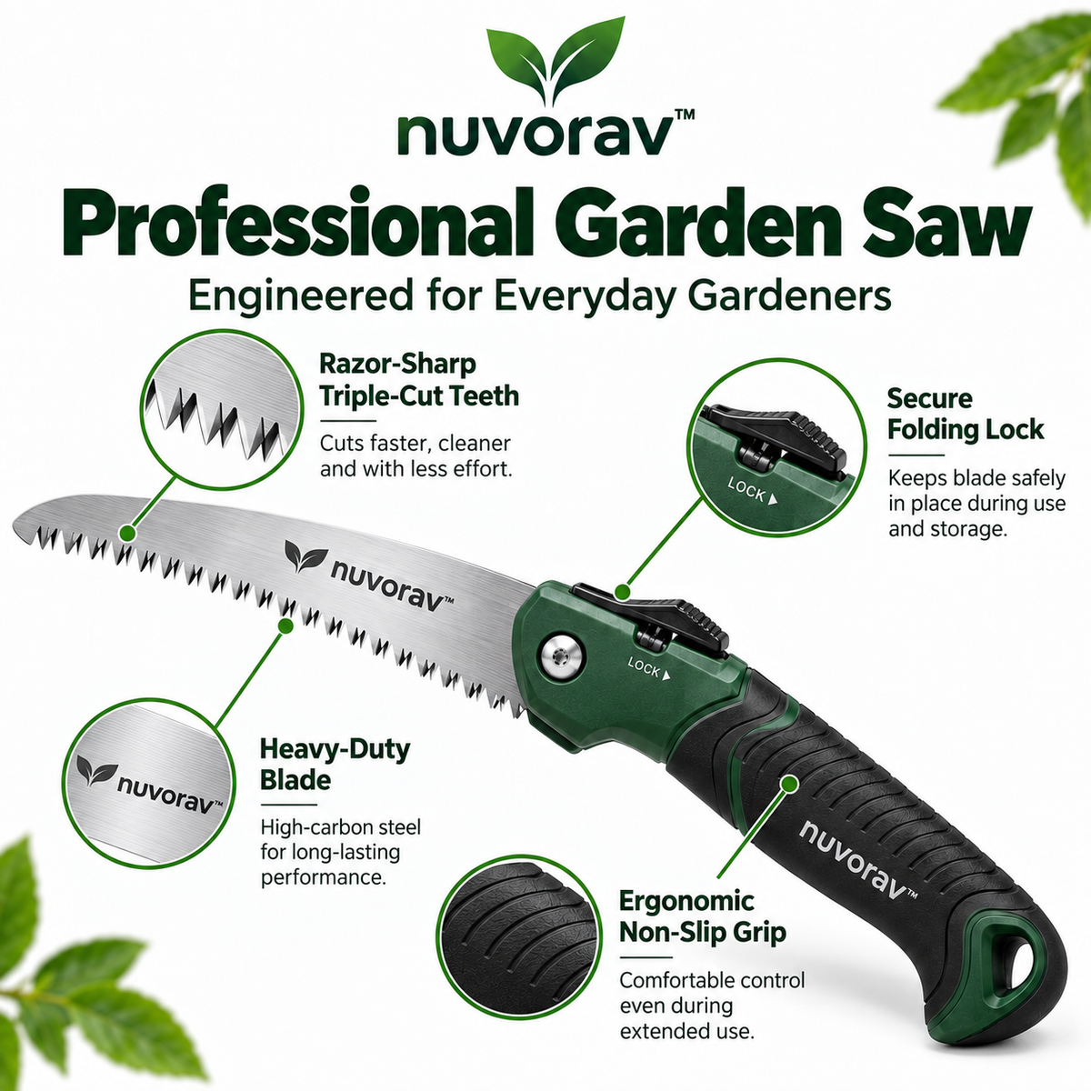 Nuvorav™ Folding Garden Saw with High-Carbon Steel Blade and Ergonomic Non-Slip Grip
