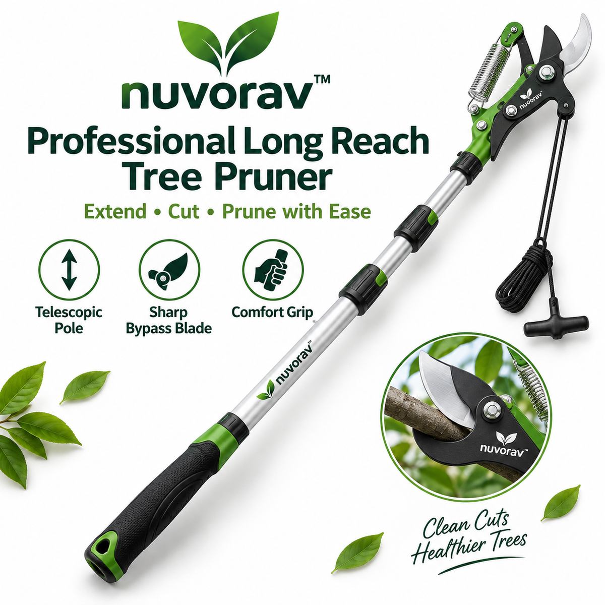 Nuvorav™ Long Reach Tree Pruner with Telescopic Pole and Sharp Bypass Cutting Blade