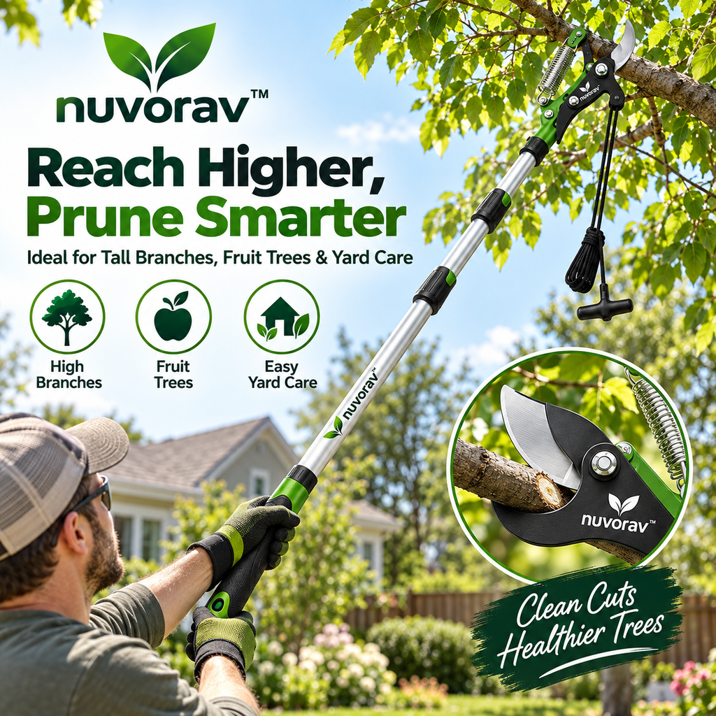 Nuvorav™ Long Reach Tree Pruner with Telescopic Pole and Sharp Bypass Cutting Blade