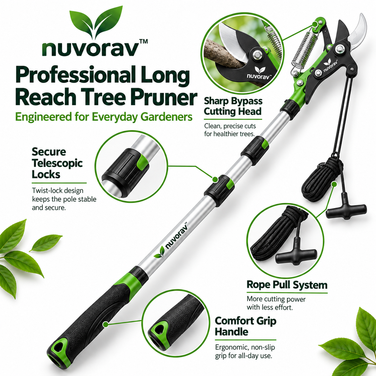 Nuvorav™ Long Reach Tree Pruner with Telescopic Pole and Sharp Bypass Cutting Blade