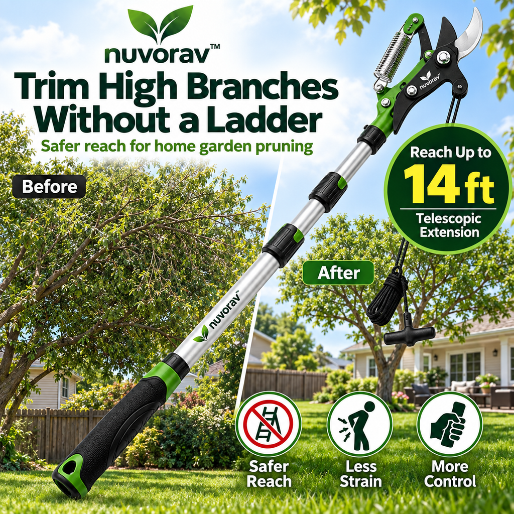 Nuvorav™ Long Reach Tree Pruner with Telescopic Pole and Sharp Bypass Cutting Blade