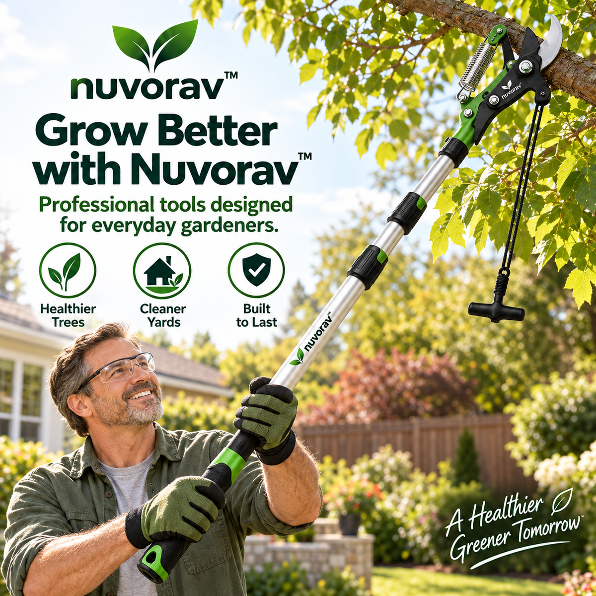 Nuvorav™ Long Reach Tree Pruner with Telescopic Pole and Sharp Bypass Cutting Blade