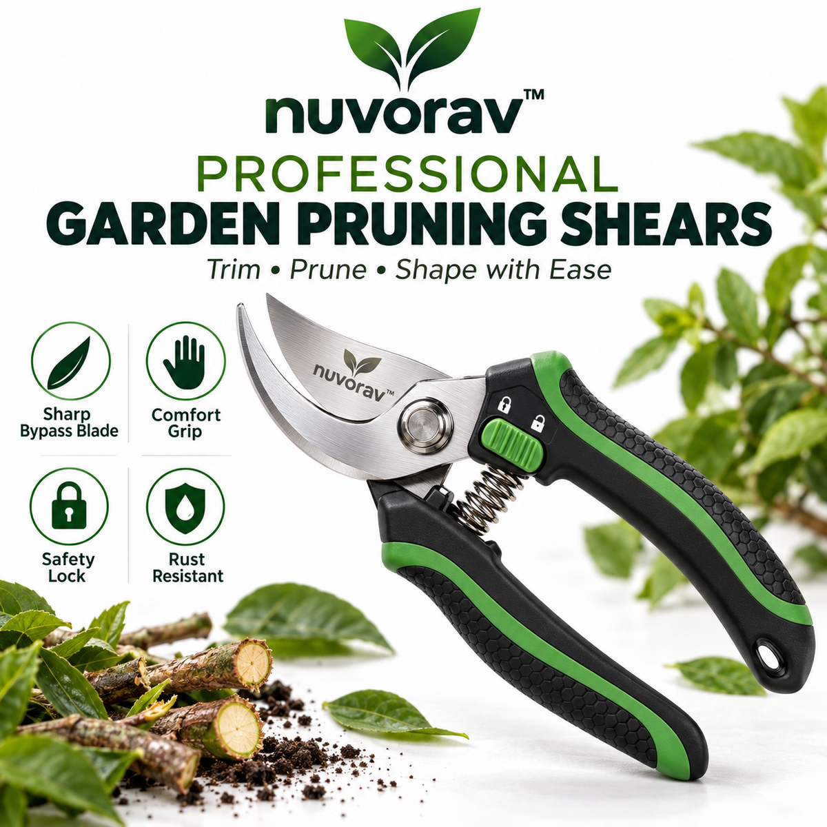 Nuvorav™ Professional Garden Pruning Shears with Sharp Bypass Blade and Ergonomic Comfort Grip
