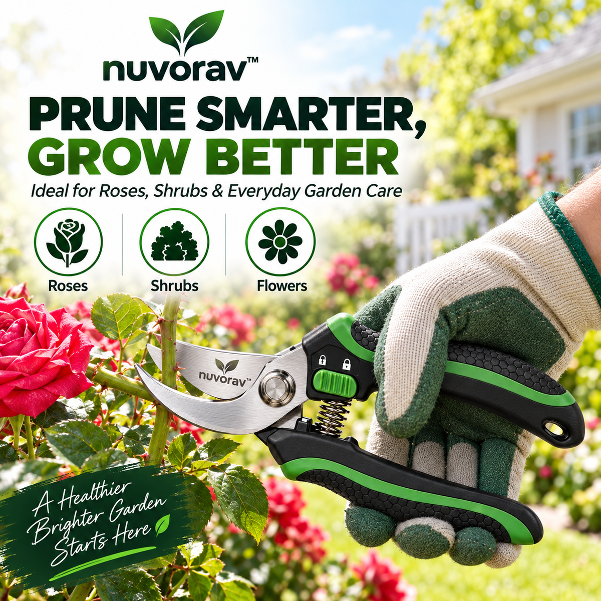 Nuvorav™ Professional Garden Pruning Shears with Sharp Bypass Blade and Ergonomic Comfort Grip