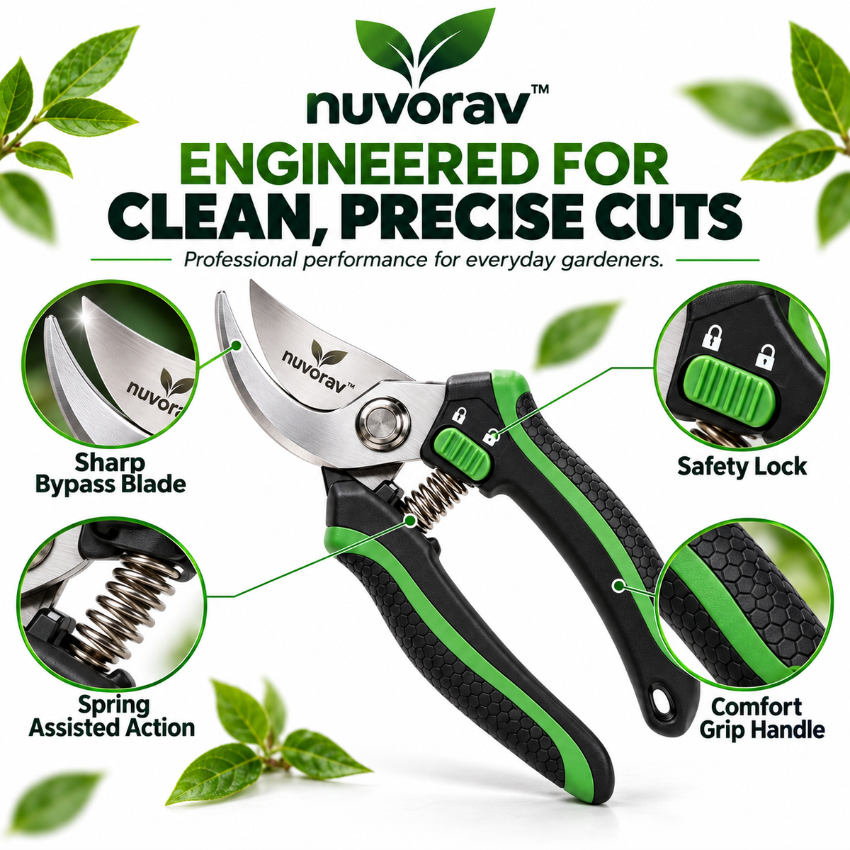 Nuvorav™ Professional Garden Pruning Shears with Sharp Bypass Blade and Ergonomic Comfort Grip