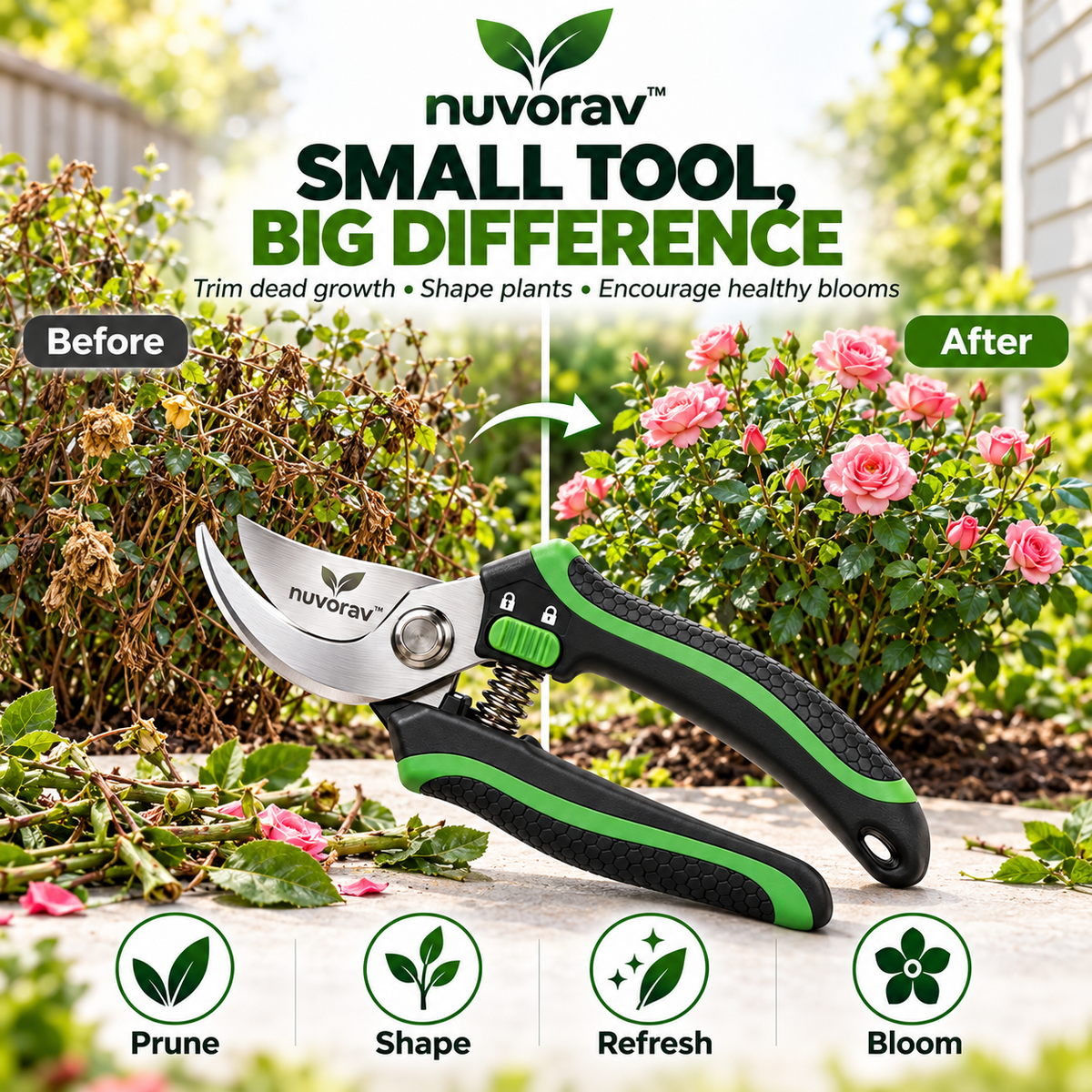 Nuvorav™ Professional Garden Pruning Shears with Sharp Bypass Blade and Ergonomic Comfort Grip
