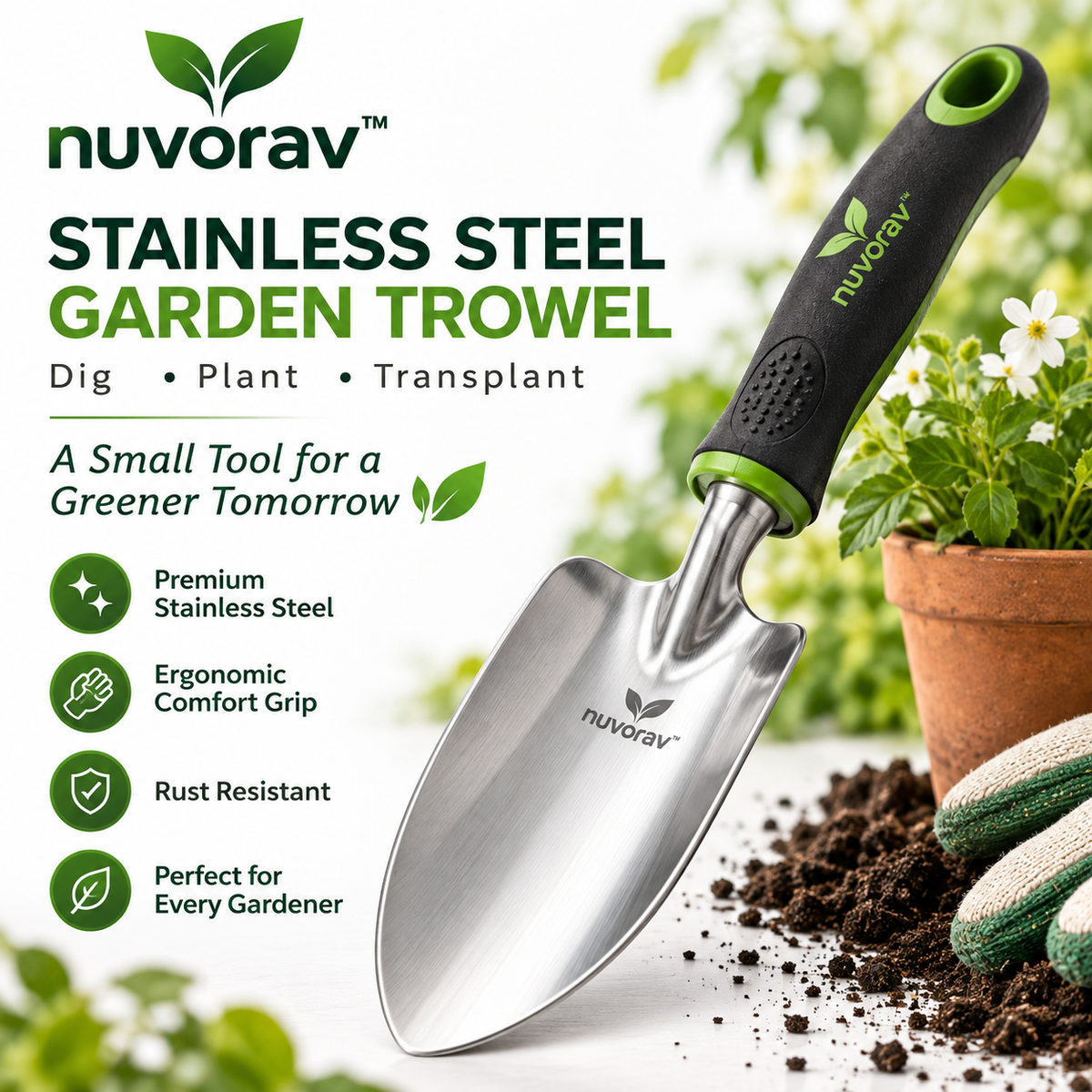 Nuvorav™ Stainless Steel Garden Trowel with Ergonomic Comfort Grip for Digging, Planting & Transplanting