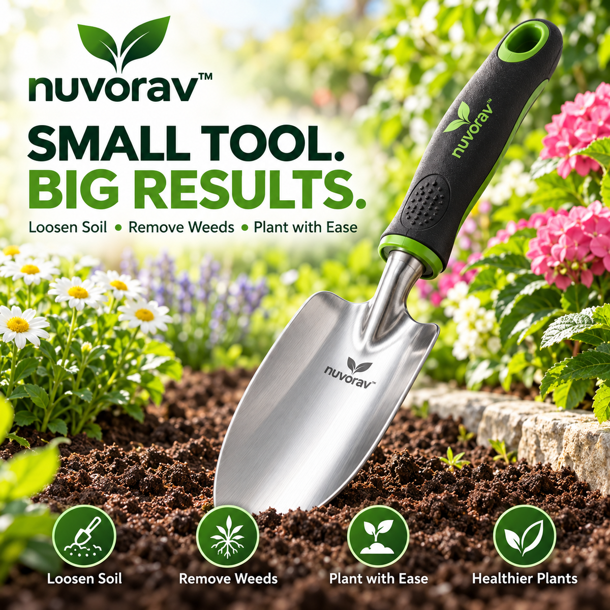 Nuvorav™ Stainless Steel Garden Trowel with Ergonomic Comfort Grip for Digging, Planting & Transplanting