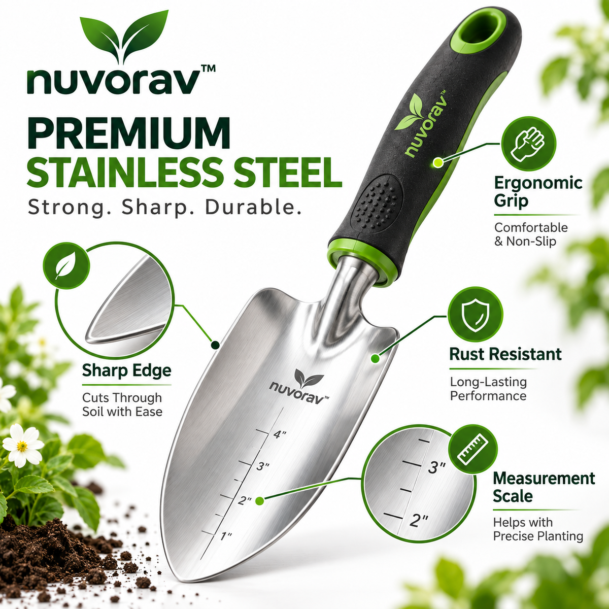 Nuvorav™ Stainless Steel Garden Trowel with Ergonomic Comfort Grip for Digging, Planting & Transplanting