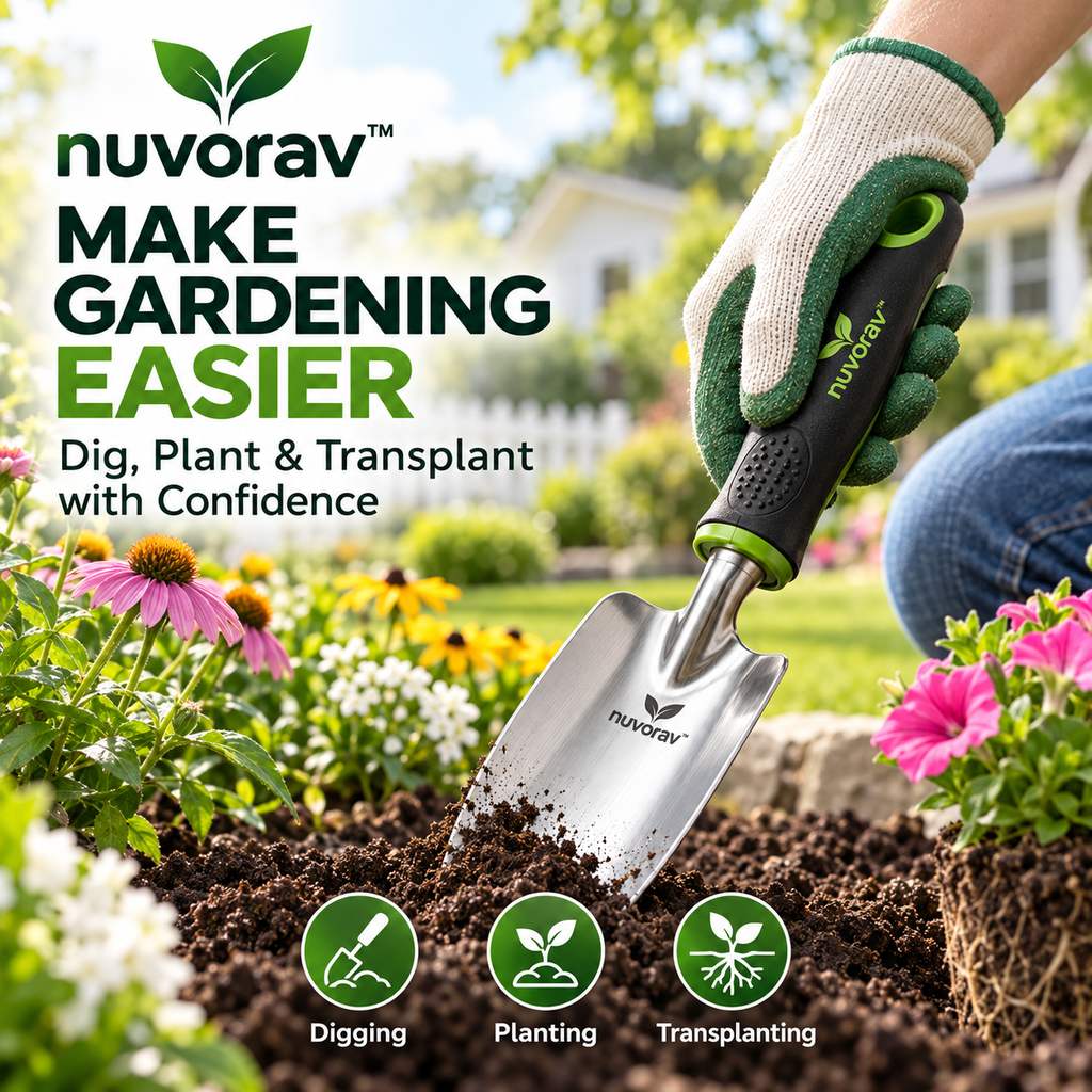 Nuvorav™ Stainless Steel Garden Trowel with Ergonomic Comfort Grip for Digging, Planting & Transplanting