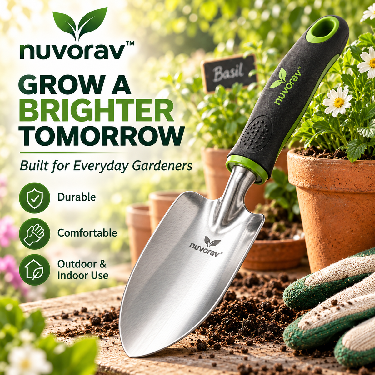 Nuvorav™ Stainless Steel Garden Trowel with Ergonomic Comfort Grip for Digging, Planting & Transplanting