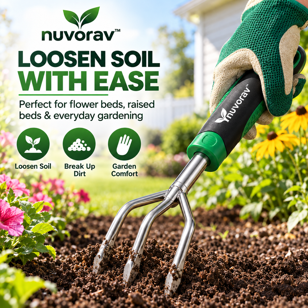 Nuvorav™ 3-Tine Garden Hand Rake with Stainless Steel Claws & Ergonomic Comfort Grip for Soil Loosening, Weeding & Cultivating