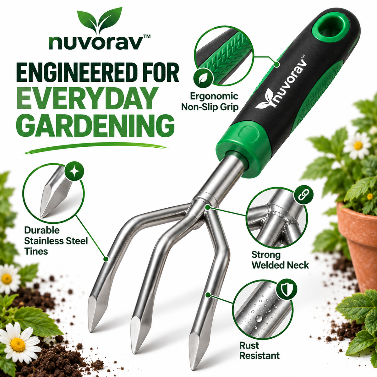 Nuvorav™ 3-Tine Garden Hand Rake with Stainless Steel Claws & Ergonomic Comfort Grip for Soil Loosening, Weeding & Cultivating