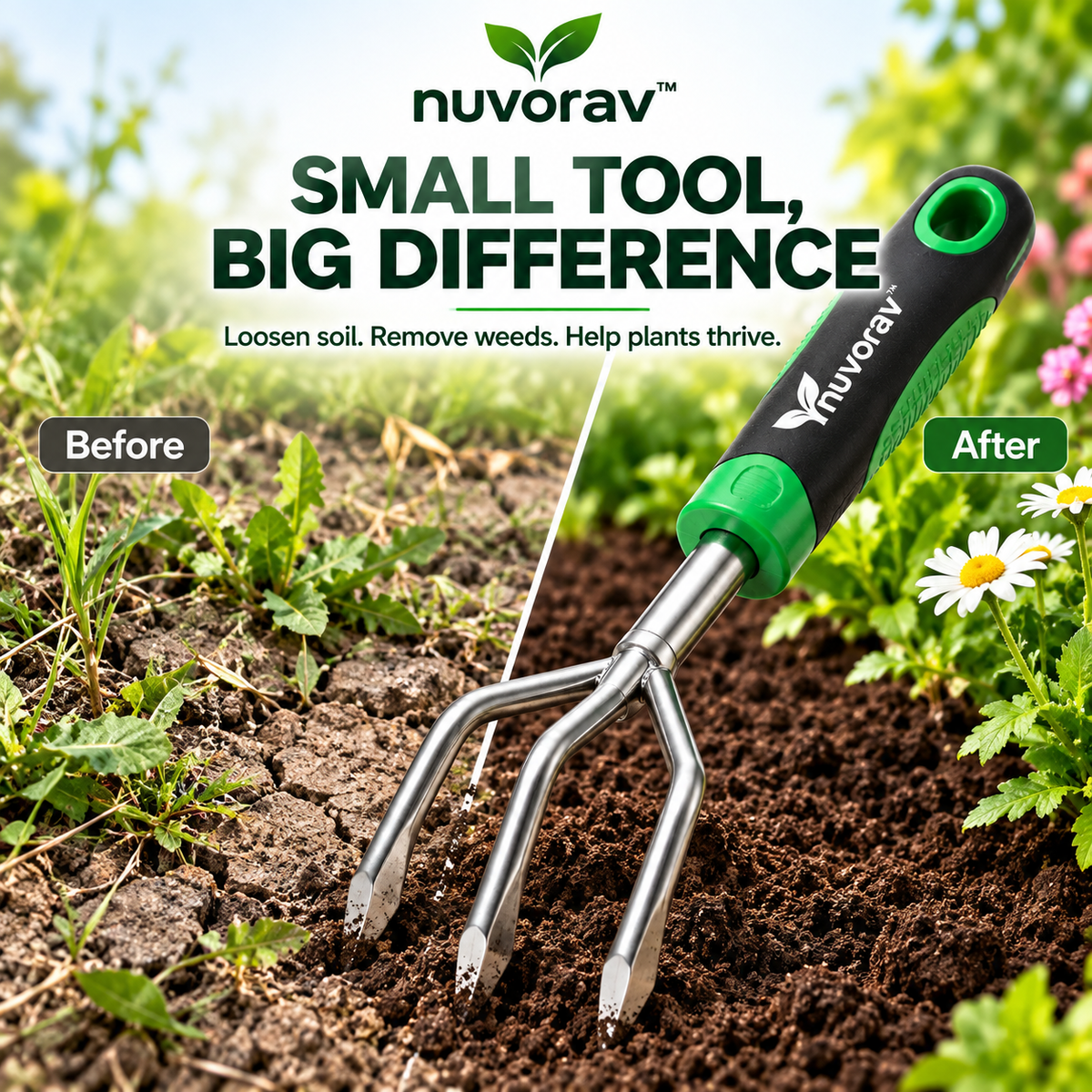 Nuvorav™ 3-Tine Garden Hand Rake with Stainless Steel Claws & Ergonomic Comfort Grip for Soil Loosening, Weeding & Cultivating