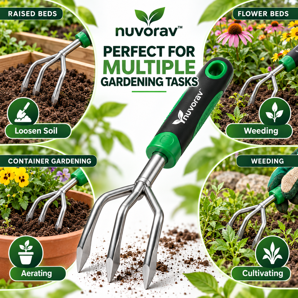 Nuvorav™ 3-Tine Garden Hand Rake with Stainless Steel Claws & Ergonomic Comfort Grip for Soil Loosening, Weeding & Cultivating