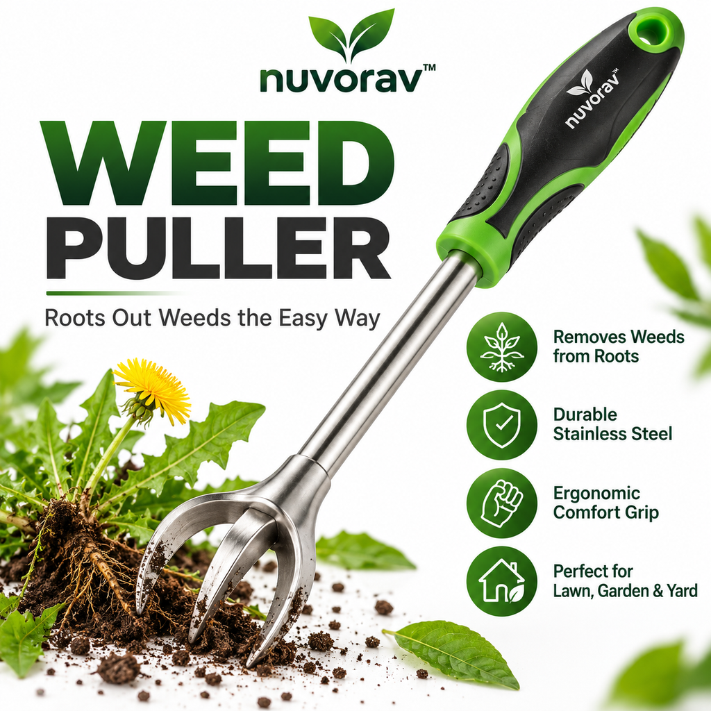 Nuvorav™ Weed Puller Tool with Stainless Steel Claw Head & Ergonomic Grip for Root Removal, Lawn Care & Garden Maintenance