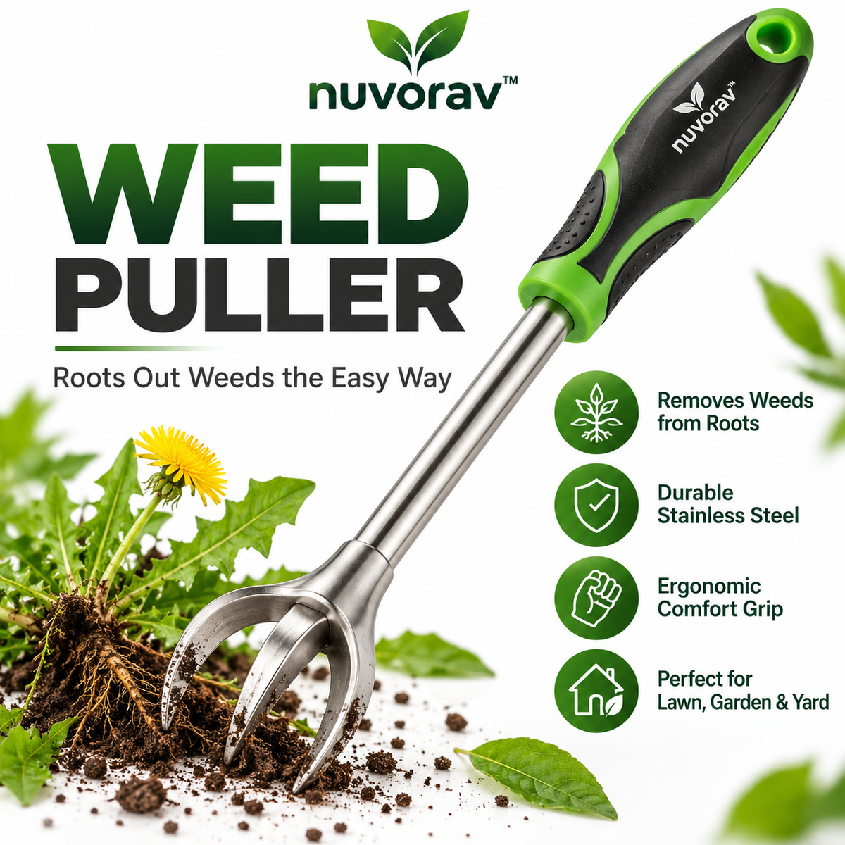 Nuvorav™ Weed Puller Tool with Stainless Steel Claw Head & Ergonomic Grip for Root Removal, Lawn Care & Garden Maintenance