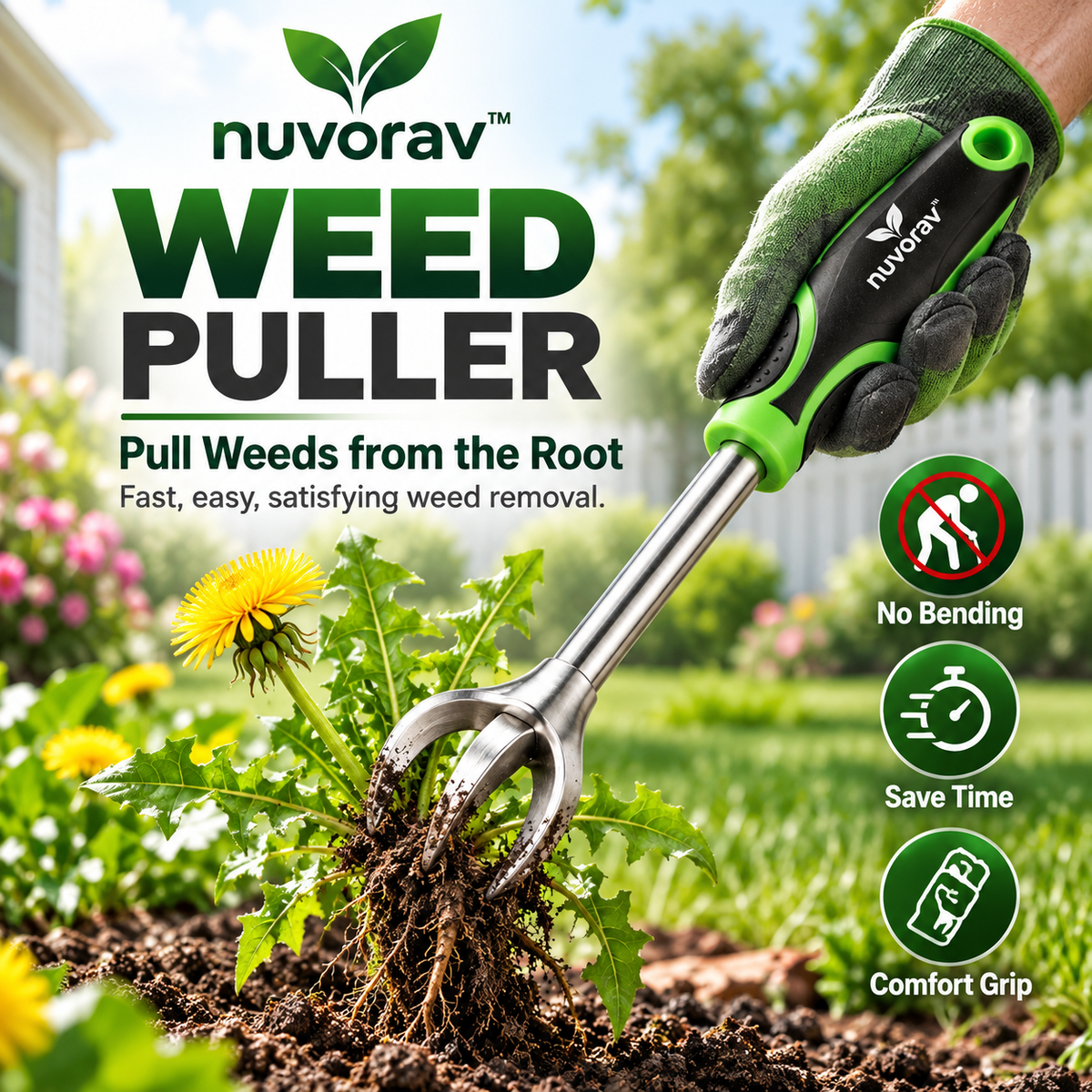 Nuvorav™ Weed Puller Tool with Stainless Steel Claw Head & Ergonomic Grip for Root Removal, Lawn Care & Garden Maintenance