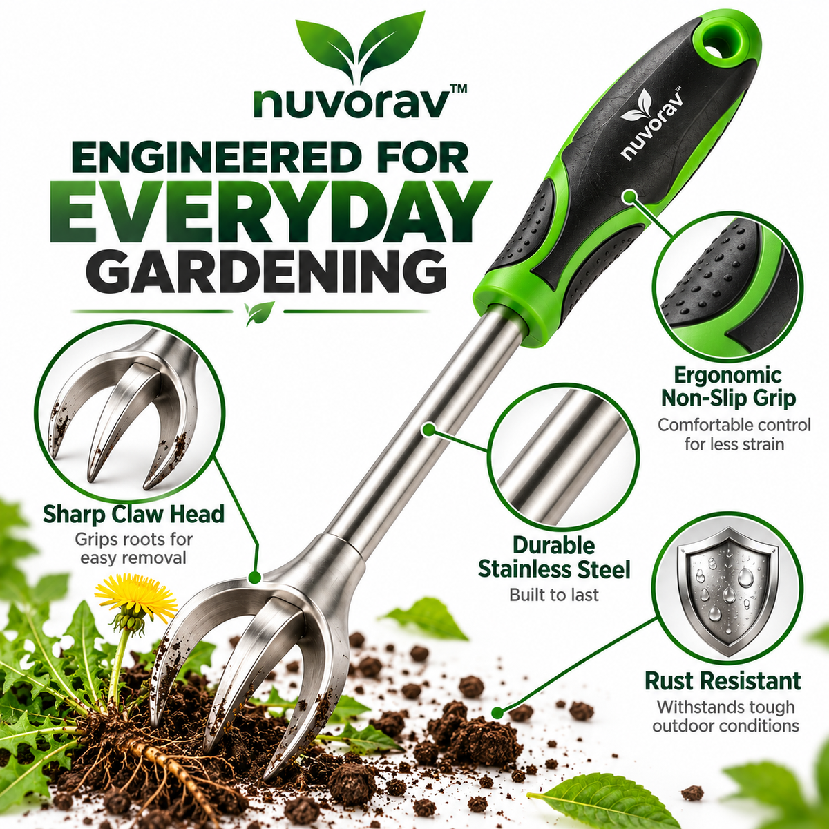 Nuvorav™ Weed Puller Tool with Stainless Steel Claw Head & Ergonomic Grip for Root Removal, Lawn Care & Garden Maintenance
