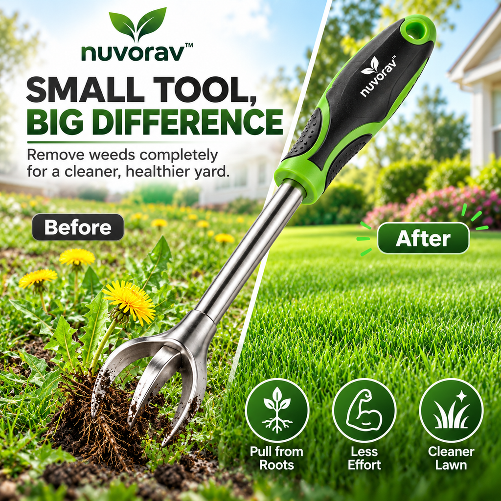 Nuvorav™ Weed Puller Tool with Stainless Steel Claw Head & Ergonomic Grip for Root Removal, Lawn Care & Garden Maintenance