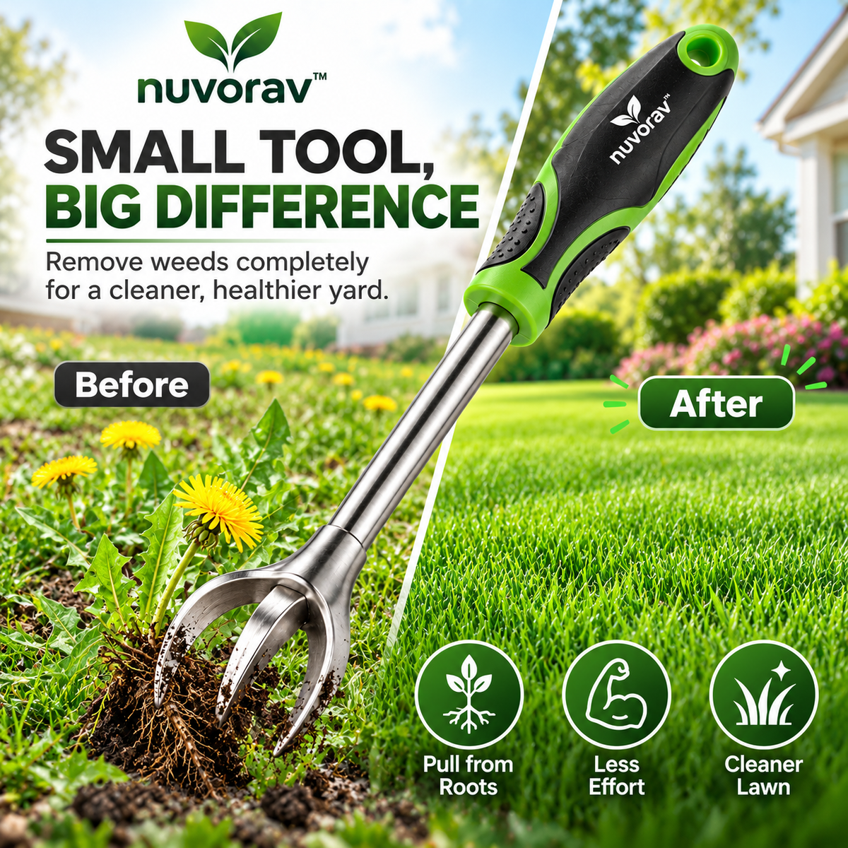 Nuvorav™ Weed Puller Tool with Stainless Steel Claw Head & Ergonomic Grip for Root Removal, Lawn Care & Garden Maintenance