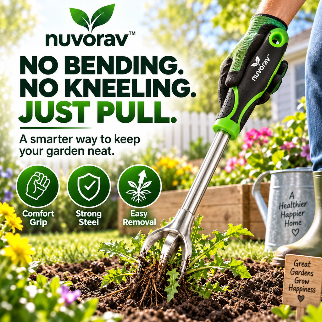 Nuvorav™ Weed Puller Tool with Stainless Steel Claw Head & Ergonomic Grip for Root Removal, Lawn Care & Garden Maintenance