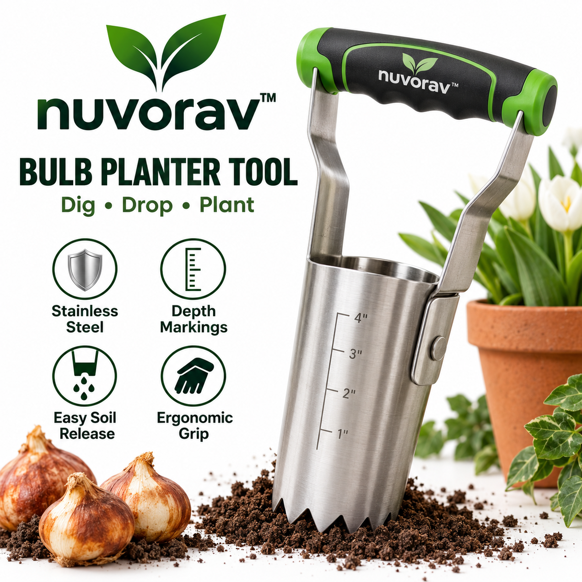 Nuvorav™ Bulb Planter Tool with Stainless Steel Planting Cup & Depth Markings for Fast Flower Bulb Planting, Garden & Lawn Care