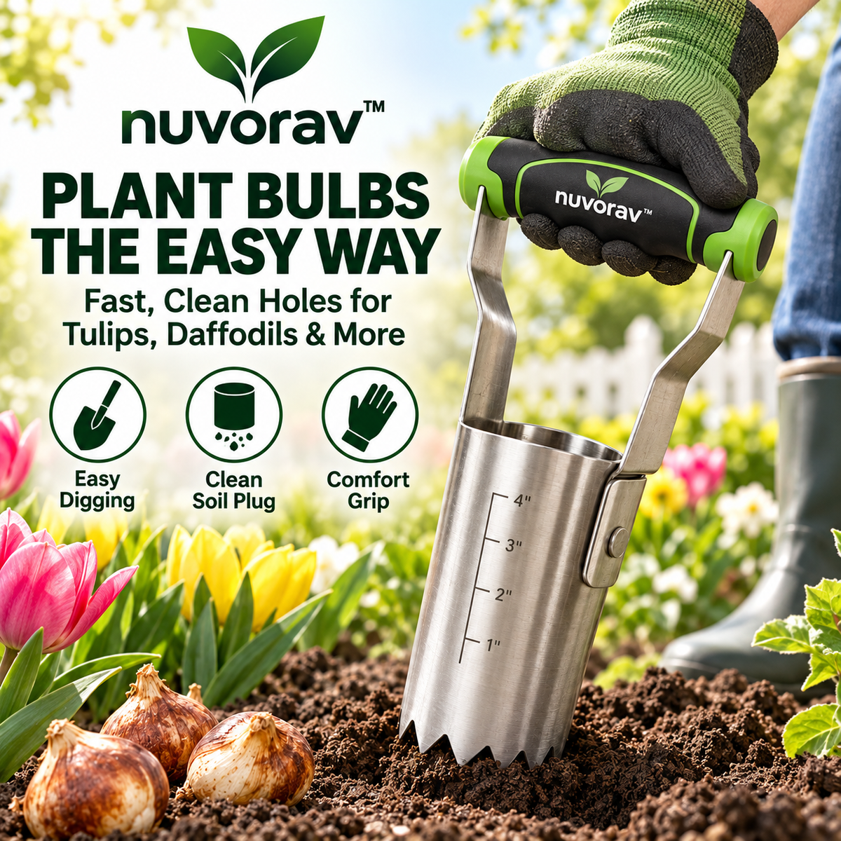 Nuvorav™ Bulb Planter Tool with Stainless Steel Planting Cup & Depth Markings for Fast Flower Bulb Planting, Garden & Lawn Care