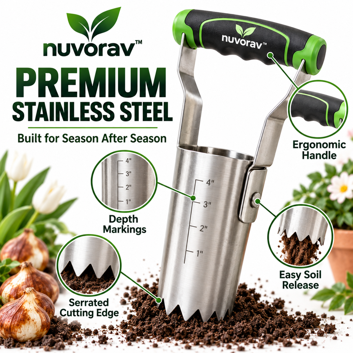 Nuvorav™ Bulb Planter Tool with Stainless Steel Planting Cup & Depth Markings for Fast Flower Bulb Planting, Garden & Lawn Care