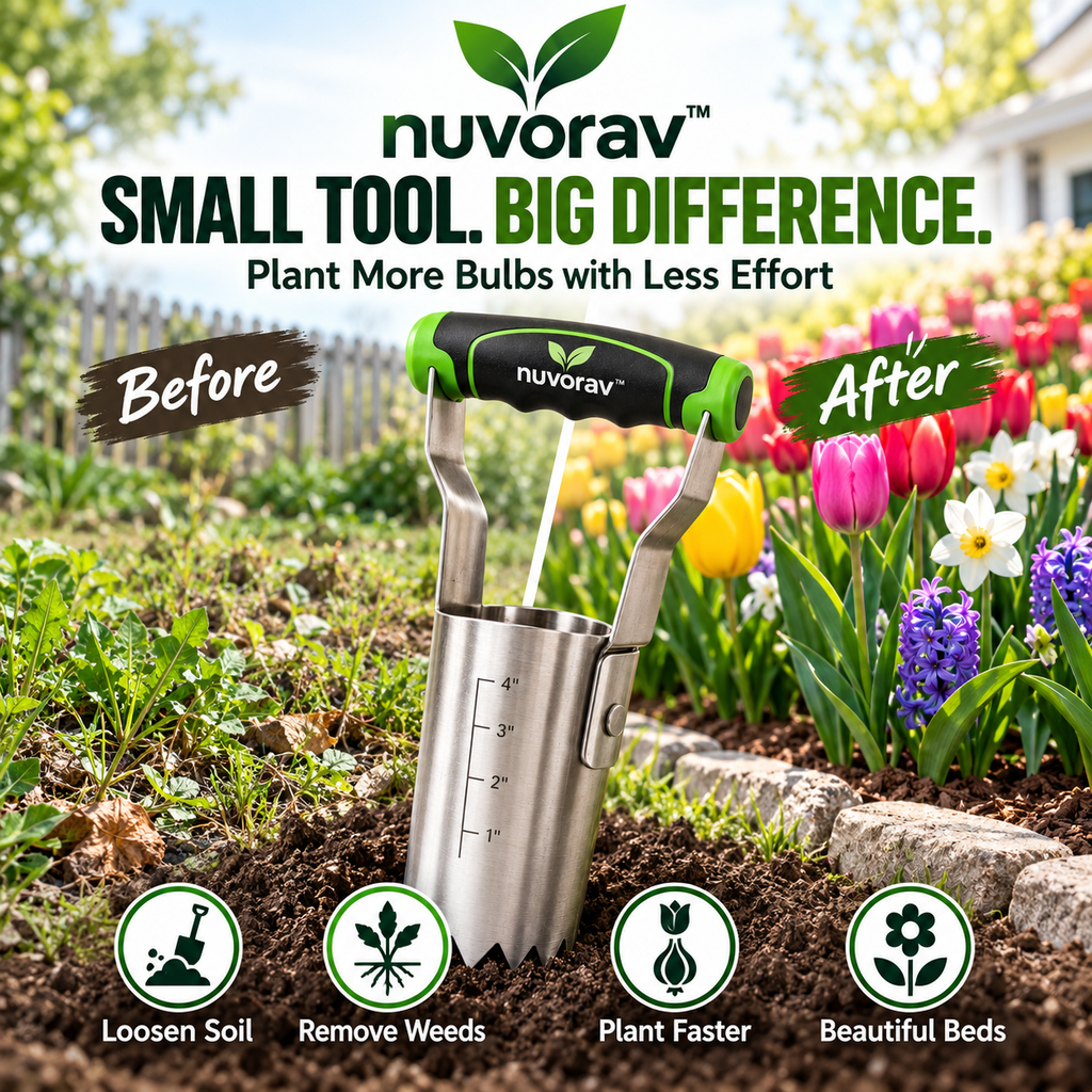 Nuvorav™ Bulb Planter Tool with Stainless Steel Planting Cup & Depth Markings for Fast Flower Bulb Planting, Garden & Lawn Care