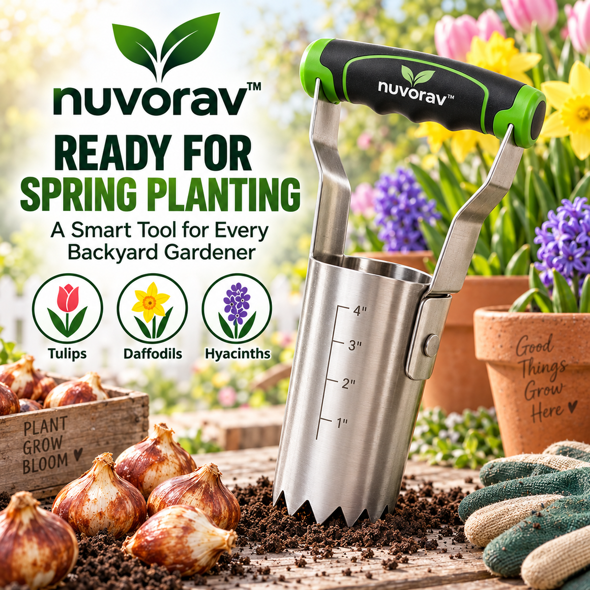 Nuvorav™ Bulb Planter Tool with Stainless Steel Planting Cup & Depth Markings for Fast Flower Bulb Planting, Garden & Lawn Care