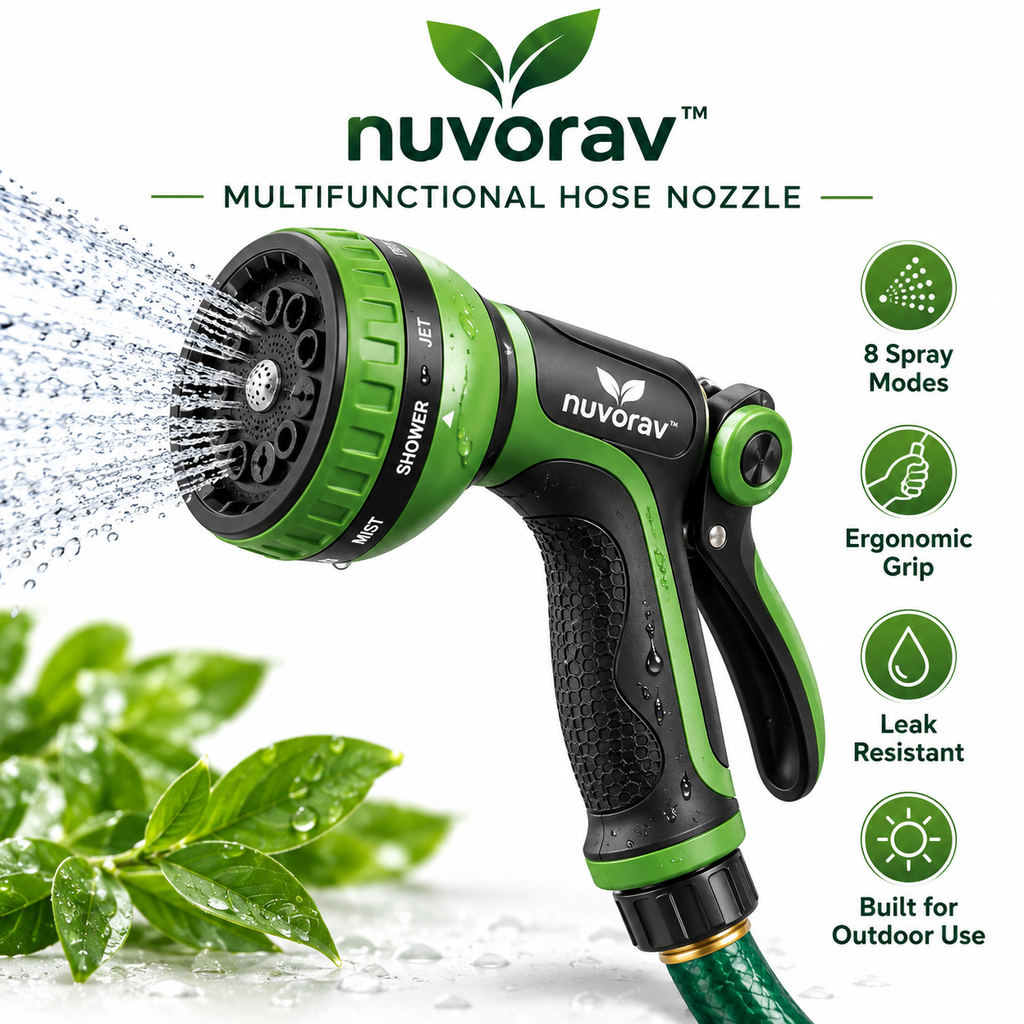 Nuvorav™ Multifunctional Garden Hose Nozzle with 8 Spray Modes, Ergonomic Grip & Leak-Resistant Connector for Lawn, Garden, Car Wash & Outdoor Cleaning