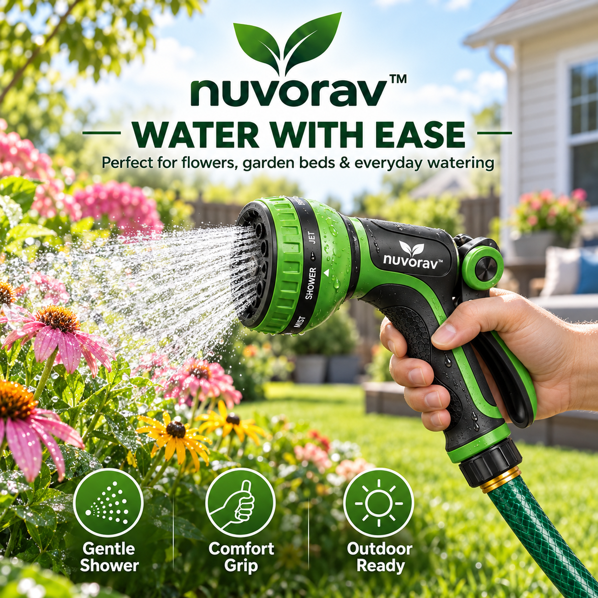 Nuvorav™ Multifunctional Garden Hose Nozzle with 8 Spray Modes, Ergonomic Grip & Leak-Resistant Connector for Lawn, Garden, Car Wash & Outdoor Cleaning