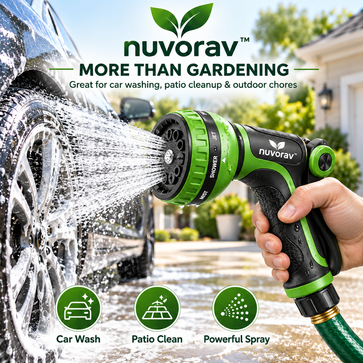Nuvorav™ Multifunctional Garden Hose Nozzle with 8 Spray Modes, Ergonomic Grip & Leak-Resistant Connector for Lawn, Garden, Car Wash & Outdoor Cleaning