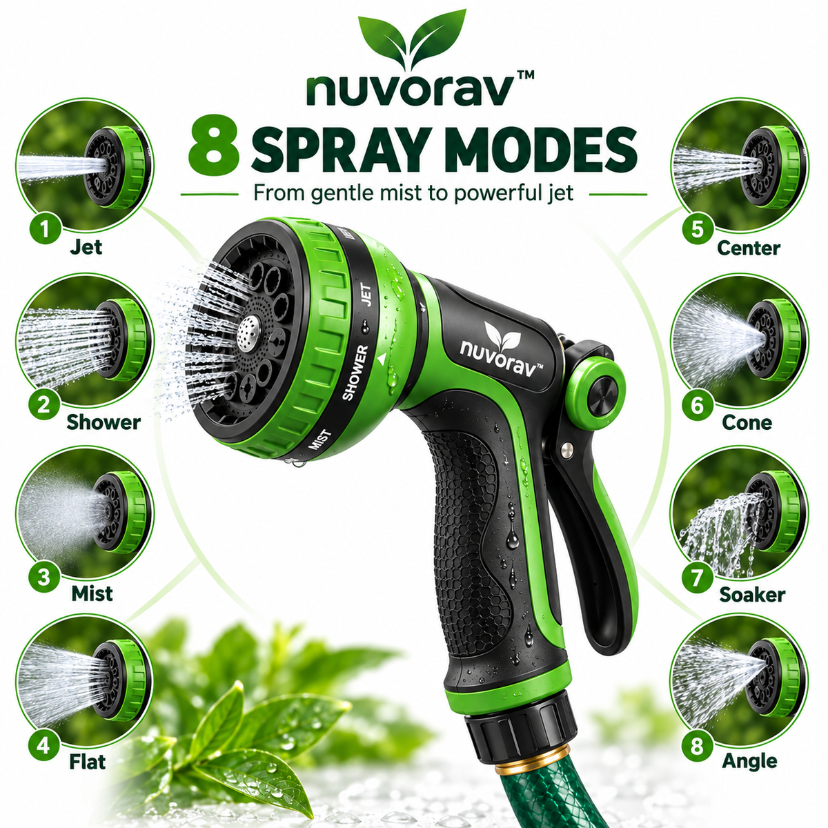 Nuvorav™ Multifunctional Garden Hose Nozzle with 8 Spray Modes, Ergonomic Grip & Leak-Resistant Connector for Lawn, Garden, Car Wash & Outdoor Cleaning