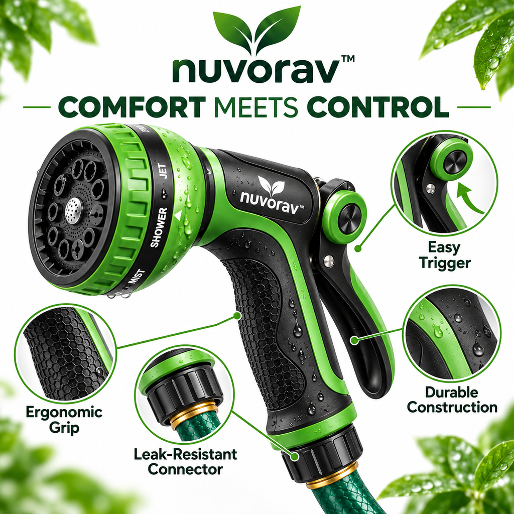 Nuvorav™ Multifunctional Garden Hose Nozzle with 8 Spray Modes, Ergonomic Grip & Leak-Resistant Connector for Lawn, Garden, Car Wash & Outdoor Cleaning