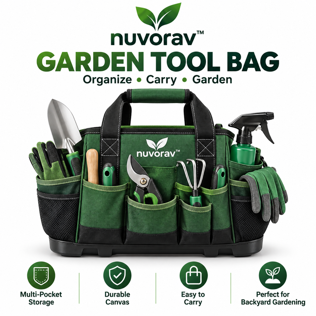 Nuvorav™ Garden Tool Bag with Multi-Pocket Storage, Durable Canvas Design & Reinforced Handles for Gardening Tools, Planting & Outdoor Work