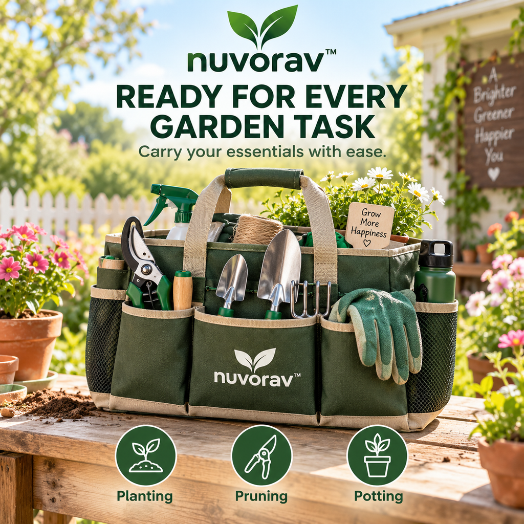 Nuvorav™ Garden Tool Bag with Multi-Pocket Storage, Durable Canvas Design & Reinforced Handles for Gardening Tools, Planting & Outdoor Work