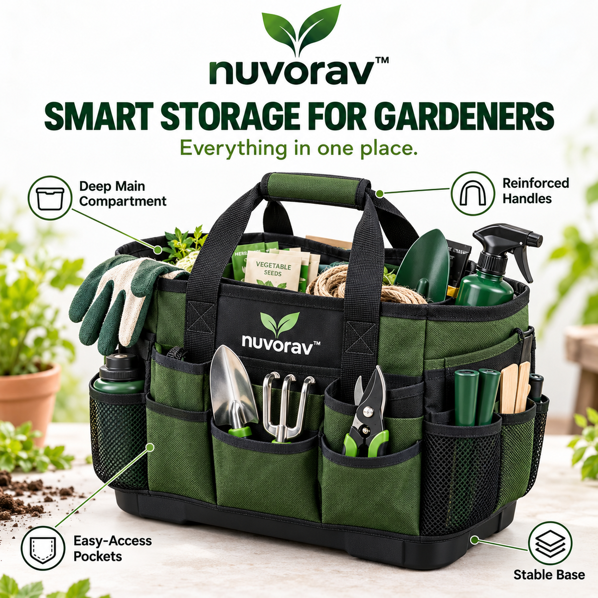 Nuvorav™ Garden Tool Bag with Multi-Pocket Storage, Durable Canvas Design & Reinforced Handles for Gardening Tools, Planting & Outdoor Work