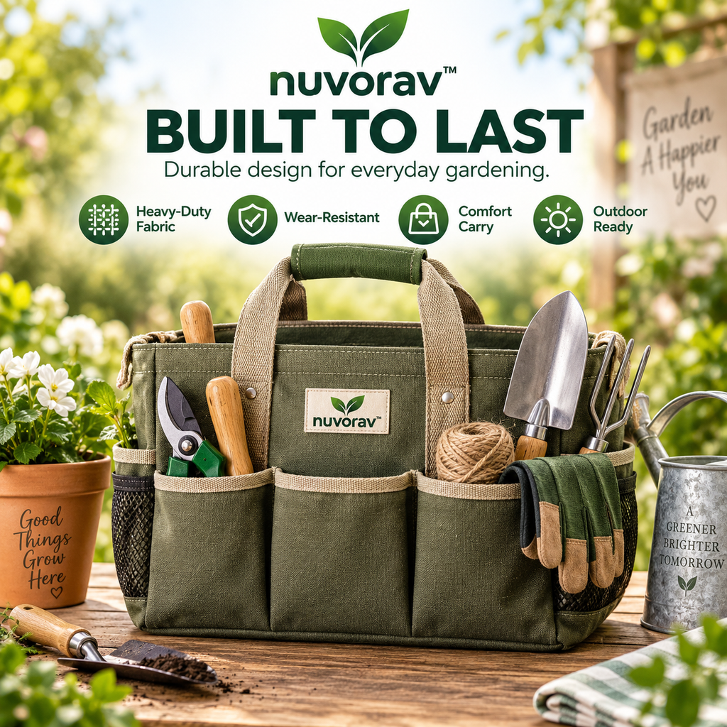 Nuvorav™ Garden Tool Bag with Multi-Pocket Storage, Durable Canvas Design & Reinforced Handles for Gardening Tools, Planting & Outdoor Work