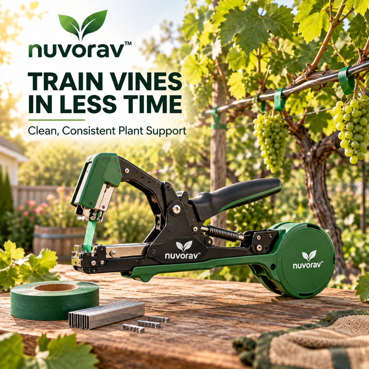Nuvorav™ Garden Plant Tying Tool, Quick Plant Binder for Vines, Flowers, Vegetables and Fruit Plants, One-Hand Operation Plant Support Tool for Faster Gardening