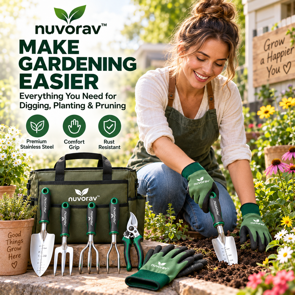 Nuvorav™ Garden Tool Set with Storage Bag, Garden Gloves & Pruning Shears, Stainless Steel Gardening Hand Tools for Digging, Planting, Soil Loosening and Pruning