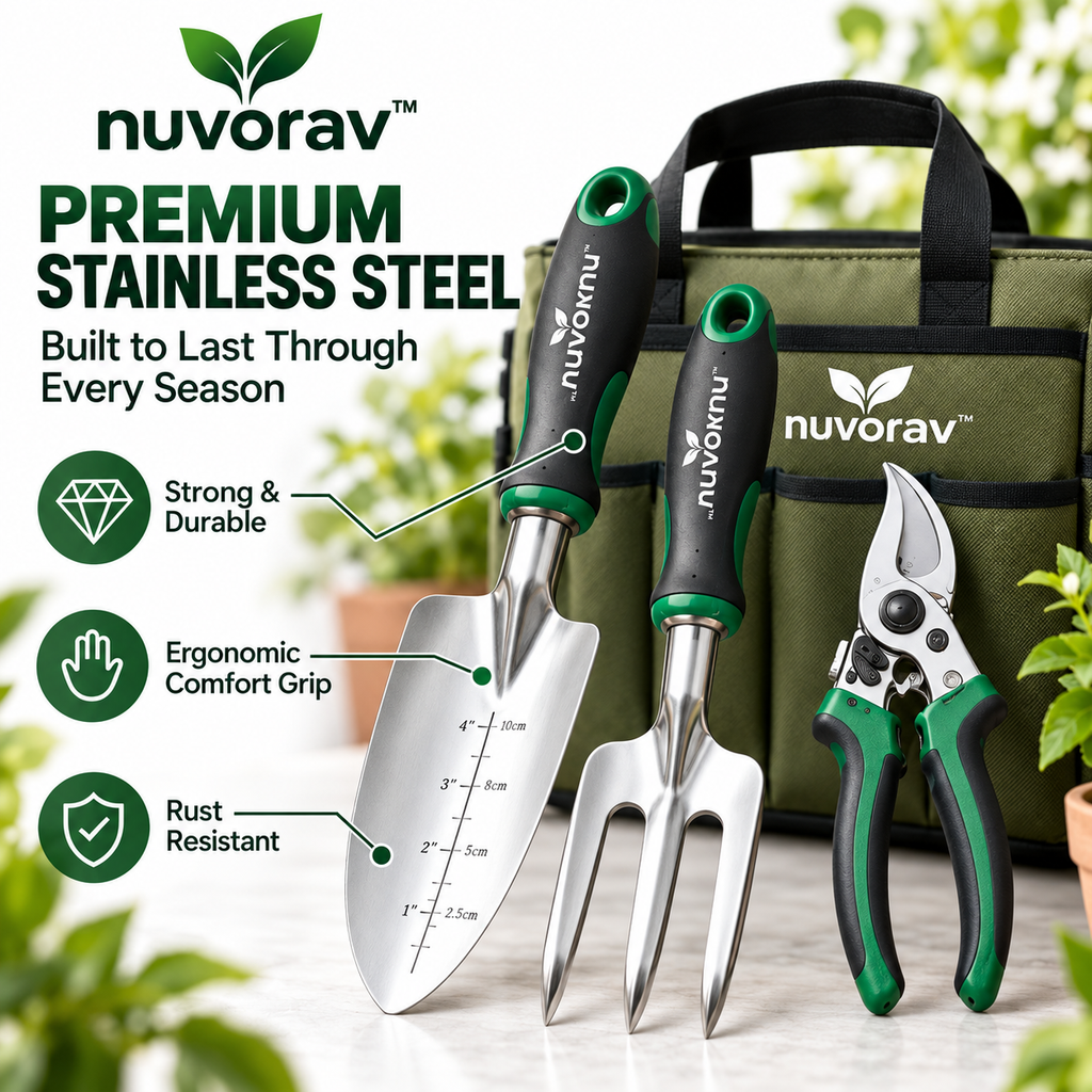 Nuvorav™ Garden Tool Set with Storage Bag, Garden Gloves & Pruning Shears, Stainless Steel Gardening Hand Tools for Digging, Planting, Soil Loosening and Pruning