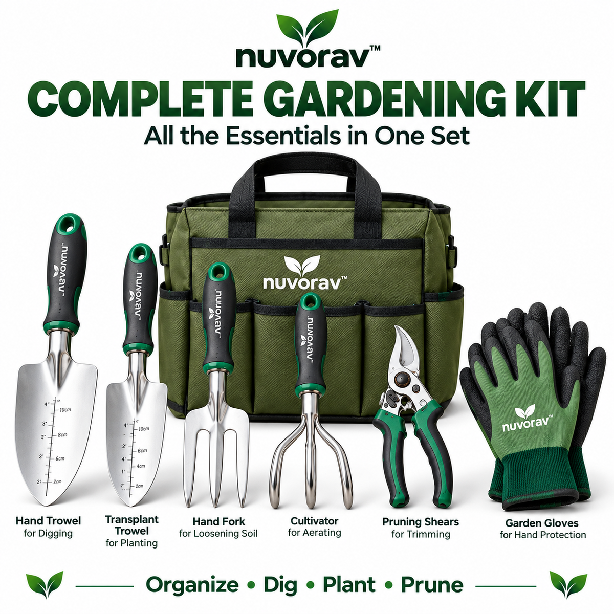 Nuvorav™ Garden Tool Set with Storage Bag, Garden Gloves & Pruning Shears, Stainless Steel Gardening Hand Tools for Digging, Planting, Soil Loosening and Pruning