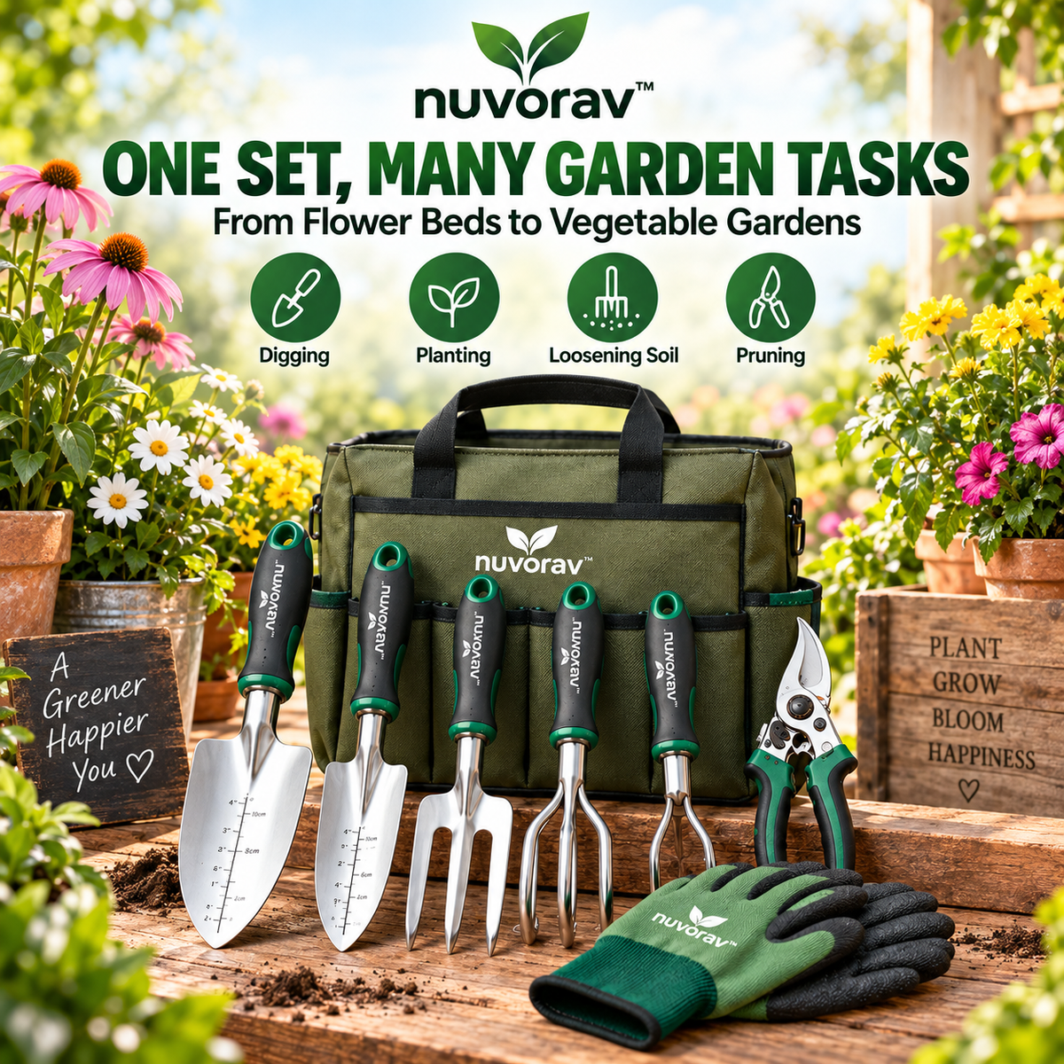 Nuvorav™ Garden Tool Set with Storage Bag, Garden Gloves & Pruning Shears, Stainless Steel Gardening Hand Tools for Digging, Planting, Soil Loosening and Pruning