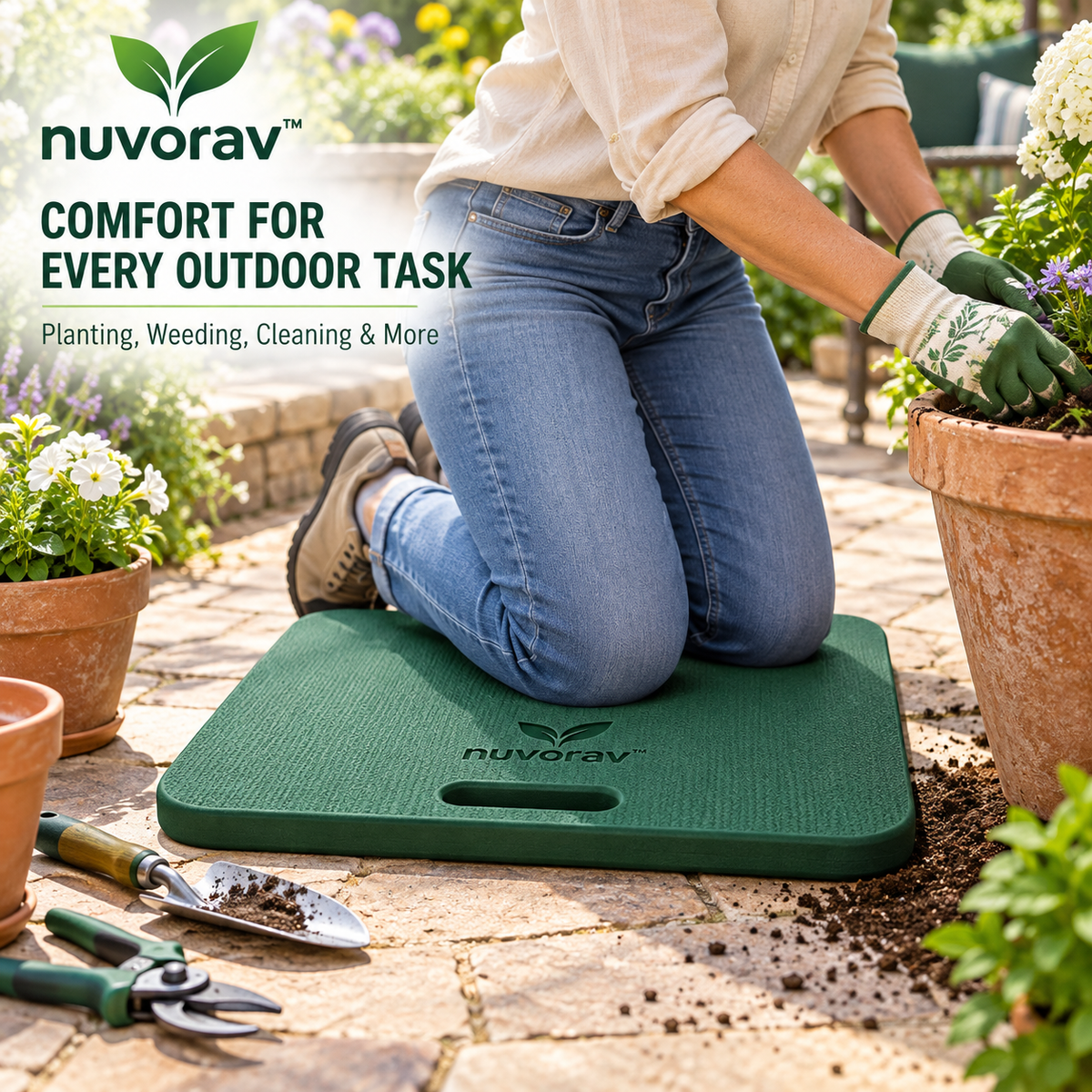 Nuvorav™ Garden Kneeling Pad, Thick Foam Knee Cushion with Non-Slip Surface, Portable Kneeler Mat for Gardening, Planting, Cleaning and Outdoor Tasks