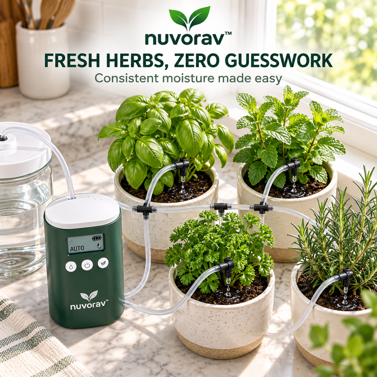Nuvorav™ Automatic Plant Watering System with Smart Timer Control and Adjustable Drip Irrigation Kit